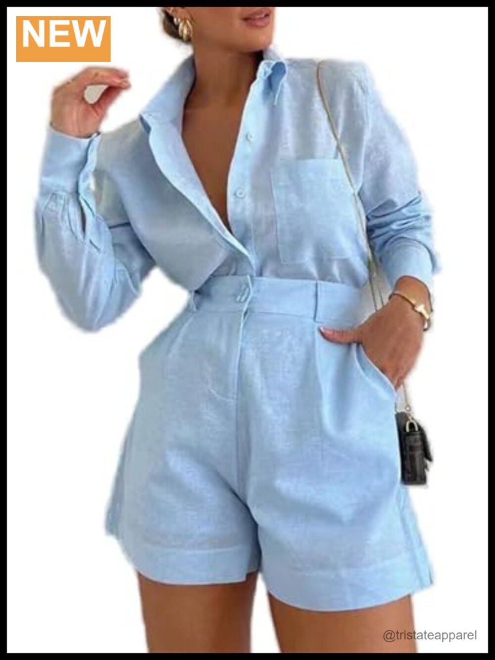 2 Piece Outfits Set for Women High Waisted Shorts Button Down Long Sleeve Shirt